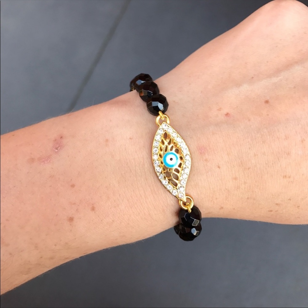 Evil Eye black agate beaded stretch bracelet - Picture 9 of 14
